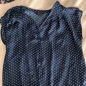 Lands End Polyester Polkadot Navy Blue Top